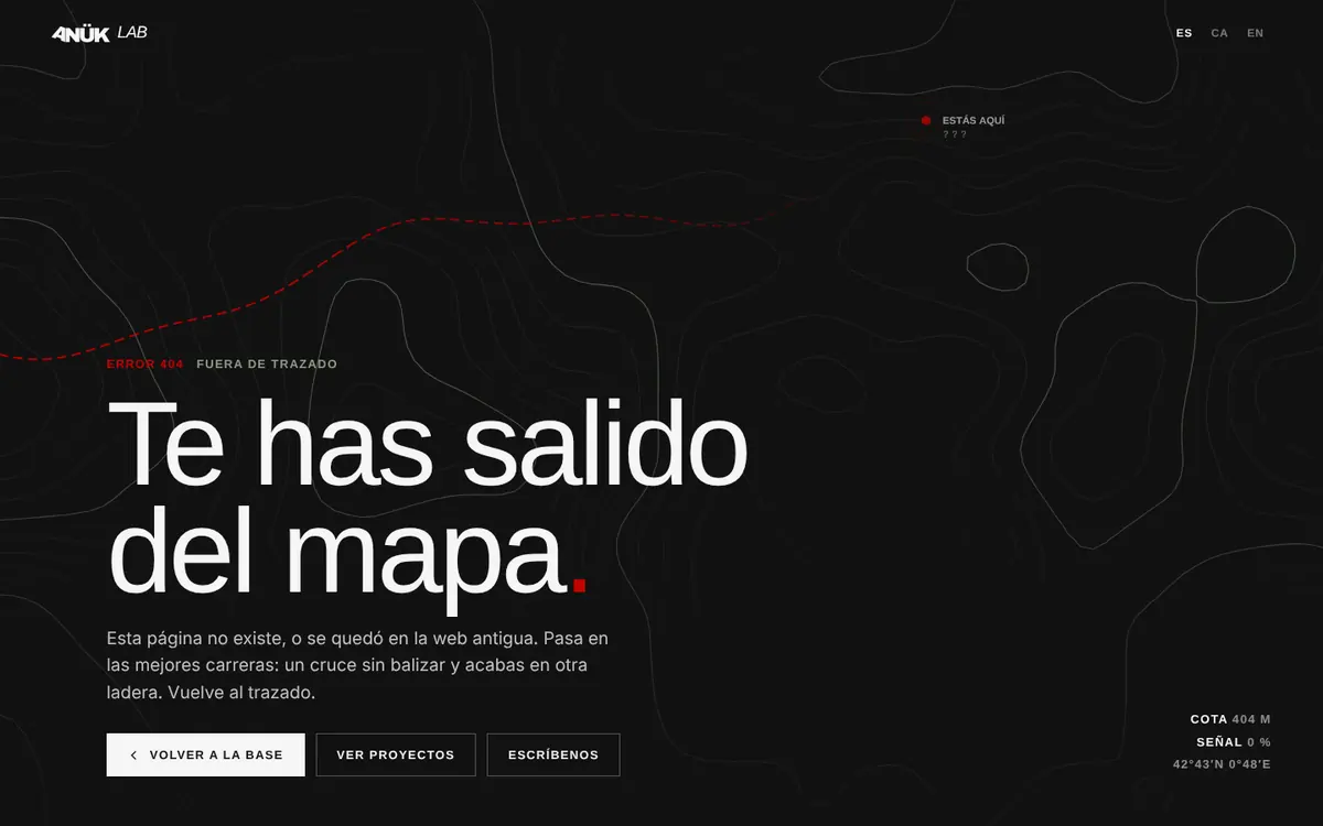 Página de error de ANÜK LAB: un mapa topográfico con el título «Te has salido del mapa»