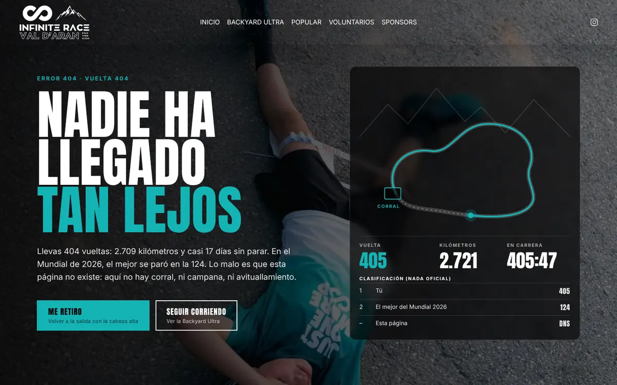 Página de error de Infinite Race: «Nadie ha llegado tan lejos», sobre la foto de un corredor tirado en el suelo, con el circuito y la vuelta 404